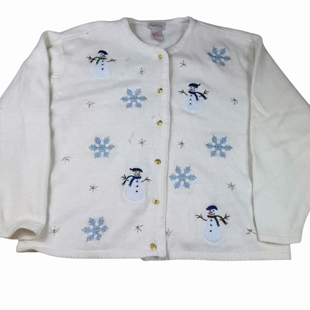 Embroidered Snowmen Snowflake Christmas Cardigan Sweater Beads Size Large